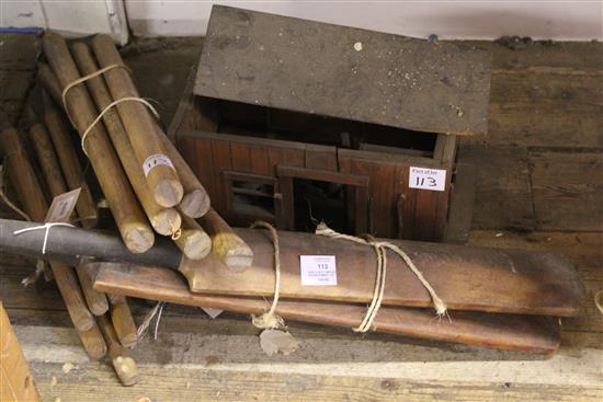 Scratch-built American Backwoodsmans hut (fitted), childs cricket set and another cricket set (3)